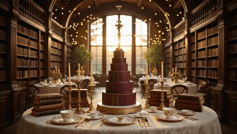 A sun-drenched library-inspired party space with mahogany bookshelves, layered tablescape featuring vintage books, antique candlesticks, and delicate tea sets, cozy reading nooks, and a whimsical cake designed as stacked books, all illuminated by warm fairy lights.