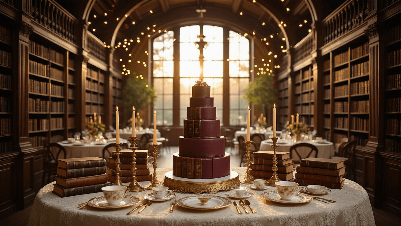 A sun-drenched library-inspired party space with mahogany bookshelves, layered tablescape featuring vintage books, antique candlesticks, and delicate tea sets, cozy reading nooks, and a whimsical cake designed as stacked books, all illuminated by warm fairy lights.