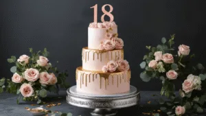 Elegant three-tiered birthday cake in blush pink buttercream with metallic gold drip, adorned with handcrafted sugar roses and an '18' acrylic topper, displayed on a silver cake stand against a charcoal backdrop.