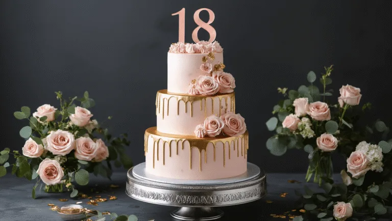 Elegant three-tiered birthday cake in blush pink buttercream with metallic gold drip, adorned with handcrafted sugar roses and an '18' acrylic topper, displayed on a silver cake stand against a charcoal backdrop.