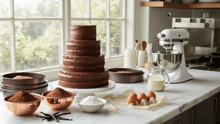 A well-lit professional kitchen scene featuring a white marble countertop with baking ingredients for a luxurious chocolate wedding cake, including a KitchenAid mixer, measured ingredients in copper and glass containers, and assorted cake pans; an artisanal coffee cup adds atmosphere, with warm earth tones and soft shadows enhancing the rich textures.