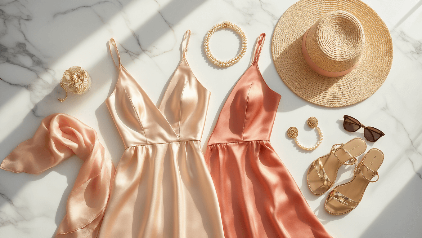 Luxury fashion flatlay on marble featuring blush and coral silk maxi dresses, metallic sandals, pearl earrings, a woven sun hat, gold jewelry, a silk scarf, and designer sunglasses, illuminated by soft natural light.