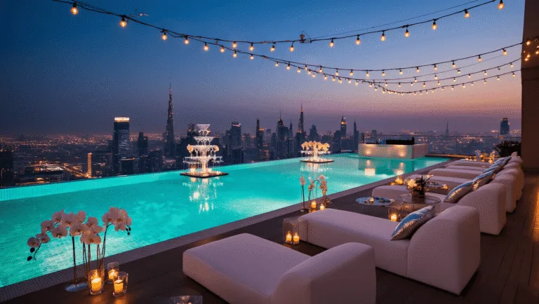 A luxurious rooftop infinity pool party at dusk, featuring illuminated turquoise water blending with the city skyline, adorned with floating orchids, candles, modern lounge furniture, and warm ambient lighting.