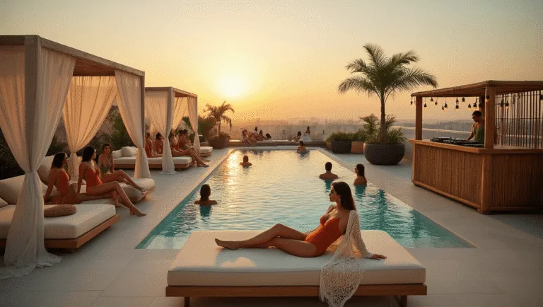 Aerial view of a luxurious rooftop infinity pool party at golden hour, featuring guests in stylish swimwear lounging on cream daybeds, modern cabanas, and a DJ booth, with ambient string lights and warm sunset lighting creating a sophisticated atmosphere.