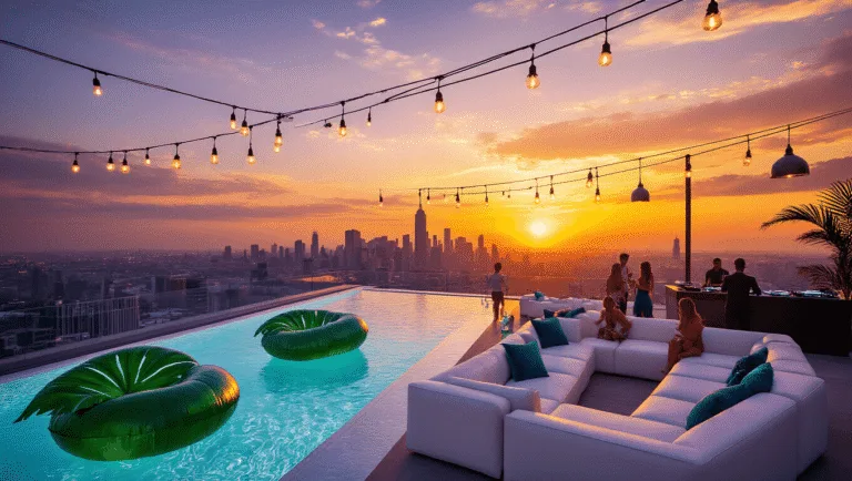 Luxurious rooftop infinity pool party at sunset with vibrant city skyline, featuring floating acrylic bars, tropical inflatables, stylish guests, and ambient lighting.