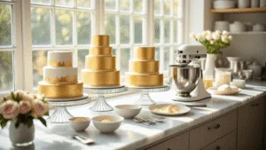 A bright and elegant bakery workspace showcasing a luxurious tiered wedding cake preparation, with golden cake tiers cooling on silver racks, a pearl white KitchenAid mixer, and organized ingredients in glass bowls, all illuminated by natural sunlight.