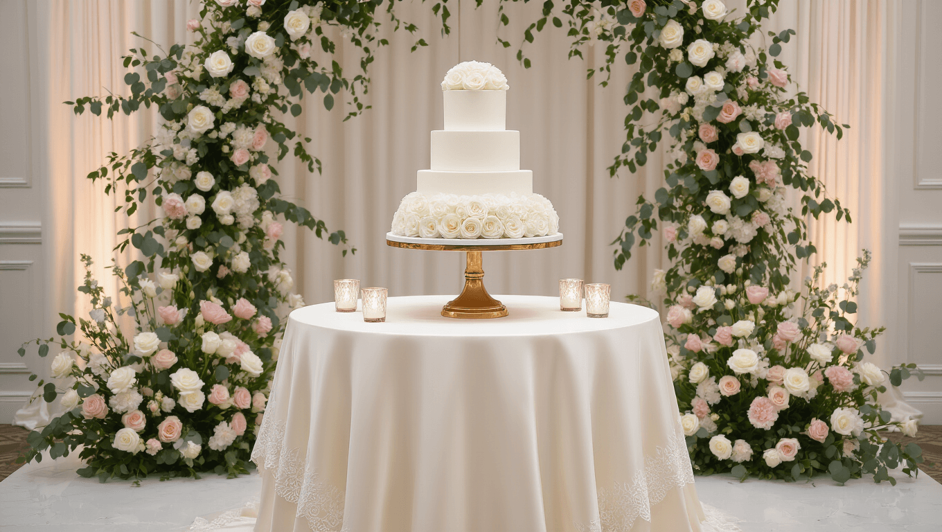 An elegant wedding cake table featuring a three-tier white cake on a gold pedestal, surrounded by fresh floral arrangements and softly glowing candles, set in a grand ballroom with dreamy lighting.
