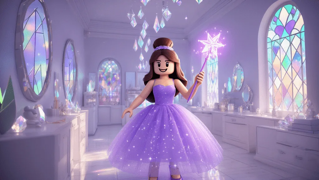 A stylish Roblox avatar in a lavender tulle dress with constellation patterns holds a glowing wand in a crystal-filled boutique with iridescent walls and floating mirrors, illuminated by prismatic light through stained glass windows.