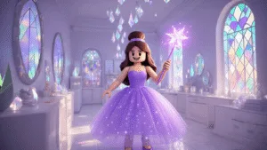 A stylish Roblox avatar in a lavender tulle dress with constellation patterns holds a glowing wand in a crystal-filled boutique with iridescent walls and floating mirrors, illuminated by prismatic light through stained glass windows.