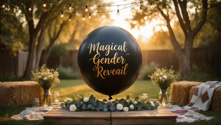 A dreamy golden hour scene featuring a large matte black balloon with gold calligraphy, floating above a rustic wooden platform decorated with eucalyptus garlands and white roses, surrounded by twinkling string lights, mason jars with wildflowers, and vintage quilts on hay bales.