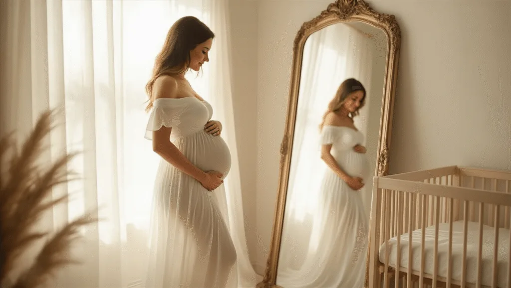 A pregnant woman in a flowing white maxi dress stands by a vintage mirror in a sunlit nursery, her silhouette gently illuminated as golden light streams through sheer curtains, softly highlighting her baby bump.