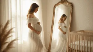 A pregnant woman in a flowing white maxi dress stands by a vintage mirror in a sunlit nursery, her silhouette gently illuminated as golden light streams through sheer curtains, softly highlighting her baby bump.