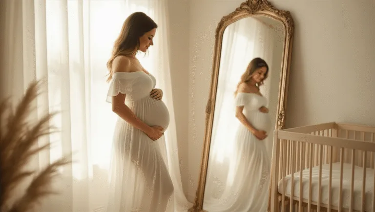 A pregnant woman in a flowing white maxi dress stands by a vintage mirror in a sunlit nursery, her silhouette gently illuminated as golden light streams through sheer curtains, softly highlighting her baby bump.