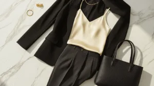 A minimalist wardrobe display featuring a tailored black blazer, cream silk camisole, and charcoal trousers on a white marble surface, accented by gold jewelry and a designer tote, all illuminated by soft natural light in a sunlit studio.