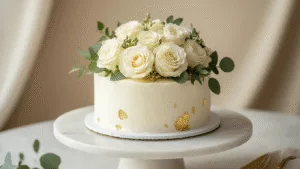 Minimalist single-tier wedding cake with fresh white garden roses and eucalyptus, adorned with gold leaf accents, set on a white marble pedestal with soft shadows and a neutral background.
