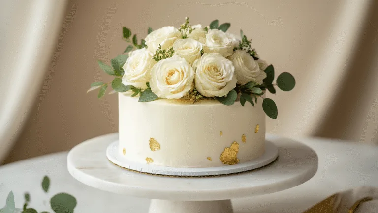 Minimalist single-tier wedding cake with fresh white garden roses and eucalyptus, adorned with gold leaf accents, set on a white marble pedestal with soft shadows and a neutral background.