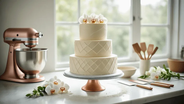 Three-tiered wedding cake with white buttercream frosting in a professional kitchen, surrounded by baking tools and fresh orchids, illuminated by soft natural light.