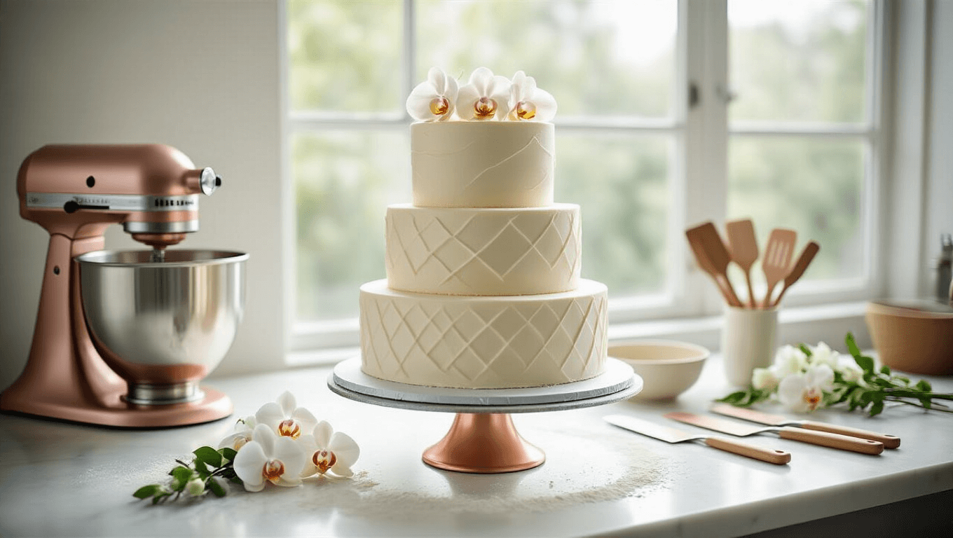 Three-tiered wedding cake with white buttercream frosting in a professional kitchen, surrounded by baking tools and fresh orchids, illuminated by soft natural light.