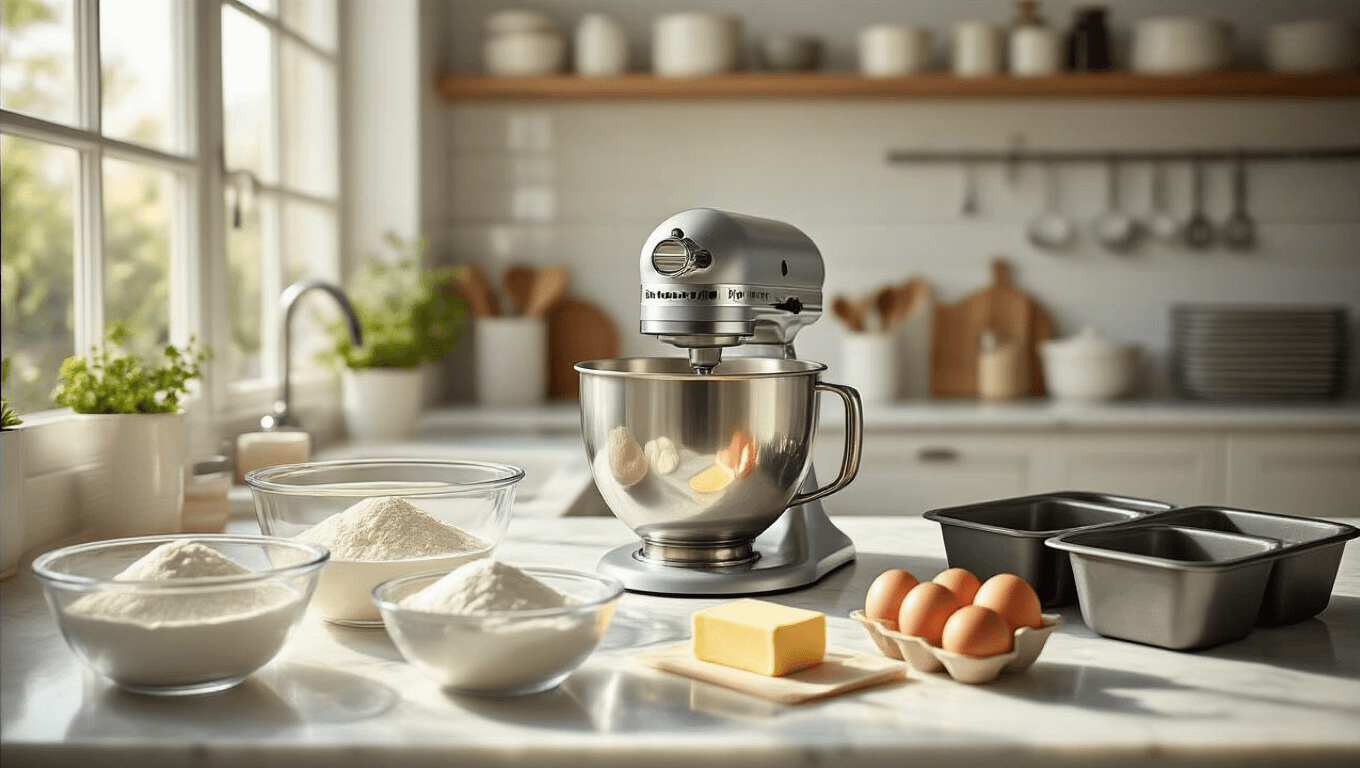 Photorealistic modern kitchen scene with sun-drenched marble countertops, featuring artfully arranged baking ingredients including flour, eggs, butter, and vanilla extract in glass bowls, a central silver KitchenAid mixer, and professional cake pans, all illuminated by natural light, creating a warm and inviting culinary atmosphere.