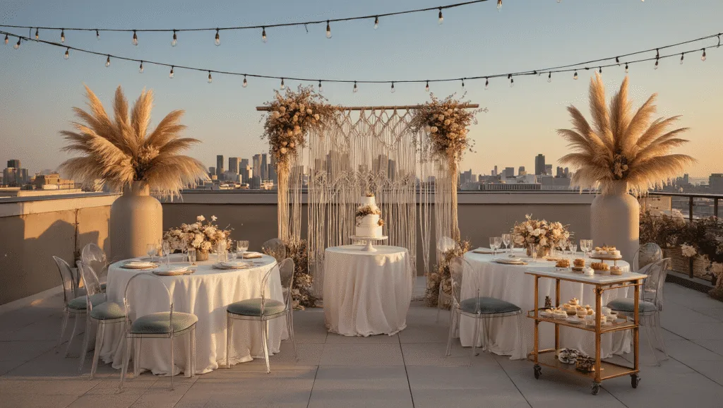 Elegant rooftop gender reveal setup at golden hour, featuring white table linens, pampas grass centerpieces, velvet cushions, macramé backdrop, fairy lights, and a marble dessert cart with a decorated naked cake, all in soft warm lighting.