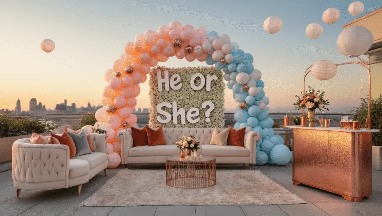 A luxurious rooftop gender reveal party at golden hour, featuring an elaborate balloon arch in ombré pastels, modern lounge furniture, a floral backdrop spelling "He or She?", a mom-osa bar, and ambient lighting, with a glittering city skyline in the background.