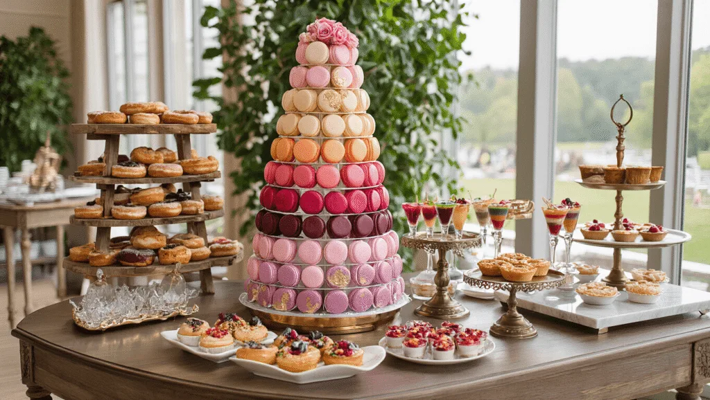 A luxurious wedding dessert display featuring a crystal and gold macaron tower, a rustic donut wall, and a marble-topped dessert station, all illuminated by soft lighting and adorned with rose petals and eucalyptus garlands.