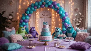 A whimsical Monsters Inc. themed birthday party setup featuring a teal and purple balloon arch, plush monster toys, a centerpiece cake designed like Boo's door, glittery cake pops, and decorative elements with soft ambient lighting.