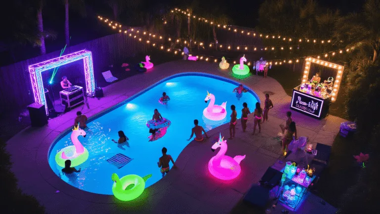 Aerial view of a vibrant neon pool party at night, featuring glowing blue water, guests in neon swimwear, a DJ booth with laser lights, floating inflatables, and a striking photo booth, all captured in cinematic 8K HD with an ethereal atmosphere and light trails.