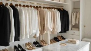A bright and minimalist walk-in closet with high-end neutral clothing, featuring white button-downs, beige silk blouses, and black blazers on brass hangers, designer shoes at the bottom, and gold jewelry on a marble island, all illuminated by soft, natural light.