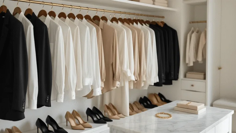 A bright and minimalist walk-in closet with high-end neutral clothing, featuring white button-downs, beige silk blouses, and black blazers on brass hangers, designer shoes at the bottom, and gold jewelry on a marble island, all illuminated by soft, natural light.