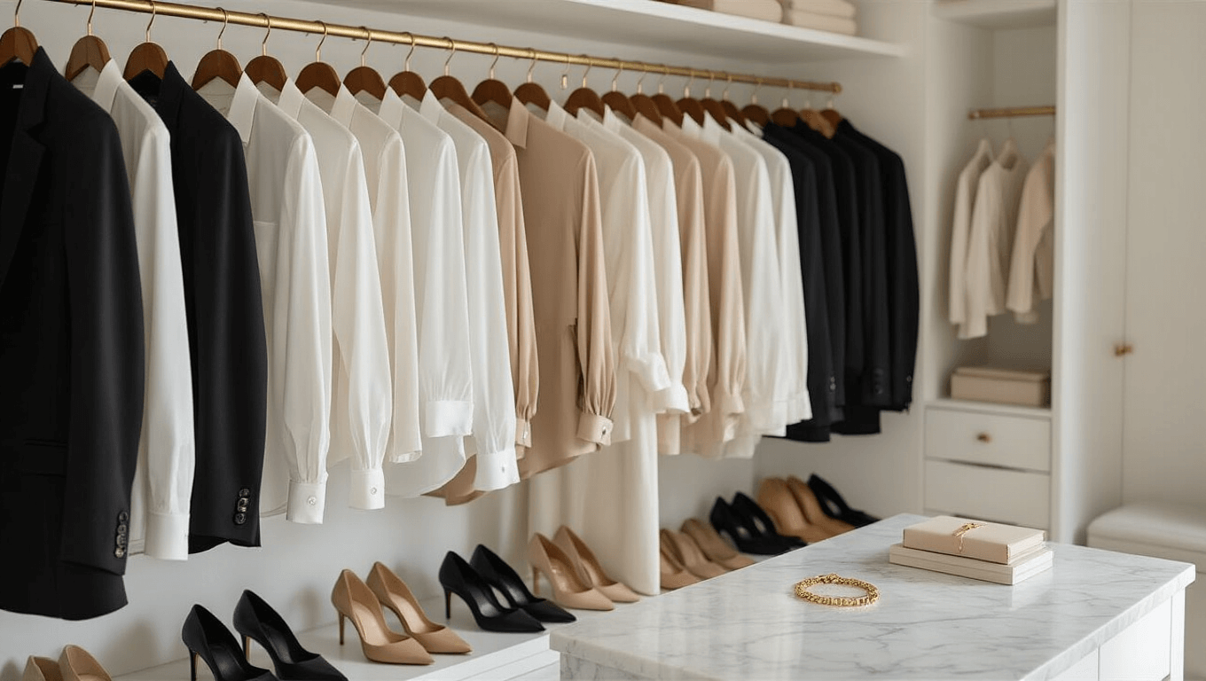 A bright and minimalist walk-in closet with high-end neutral clothing, featuring white button-downs, beige silk blouses, and black blazers on brass hangers, designer shoes at the bottom, and gold jewelry on a marble island, all illuminated by soft, natural light.