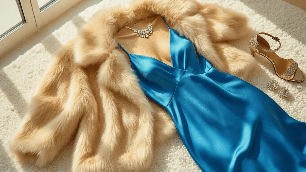 High-angle flatlay of an electric blue silk dress, champagne faux fur coat, crystal drop earrings, and metallic heels on a white carpet, illuminated by golden hour light in a minimalist setting.
