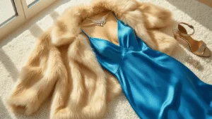 High-angle flatlay of an electric blue silk dress, champagne faux fur coat, crystal drop earrings, and metallic heels on a white carpet, illuminated by golden hour light in a minimalist setting.