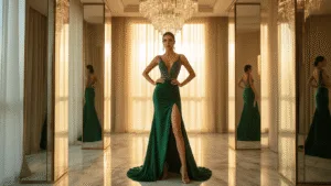 A glamorous pageant model in an emerald silk gown with a thigh-high slit poses in a luxurious fitting room, illuminated by warm LED lighting and a crystal chandelier, with golden hour light accentuating her gown's beadwork against polished marble floors.