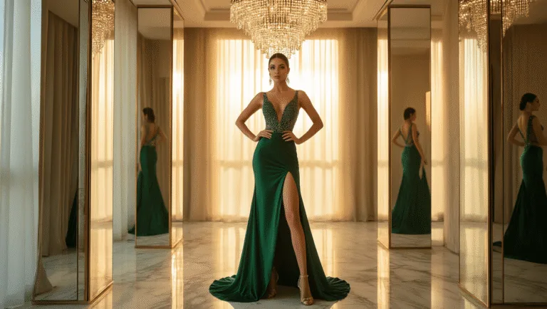 A glamorous pageant model in an emerald silk gown with a thigh-high slit poses in a luxurious fitting room, illuminated by warm LED lighting and a crystal chandelier, with golden hour light accentuating her gown's beadwork against polished marble floors.