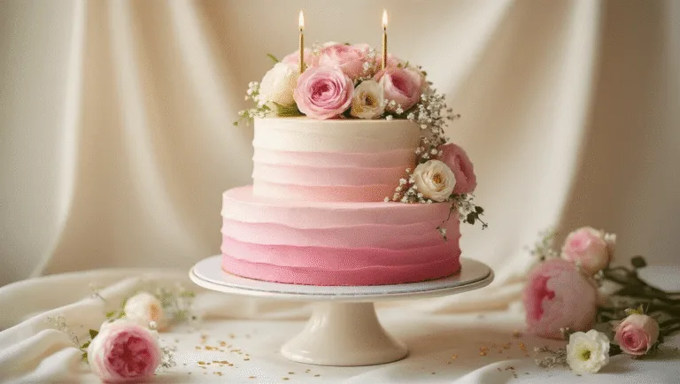 A photorealistic three-tiered pink ombré birthday cake adorned with fresh flowers and gold accents, displayed on an antique cake stand against a soft cream backdrop, showcasing natural lighting and rich textures.