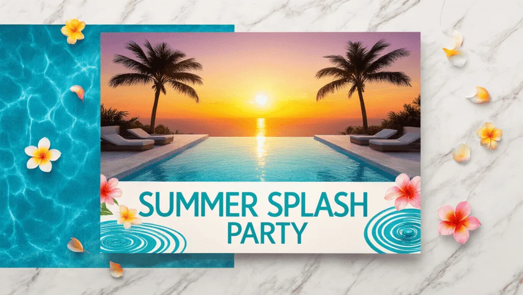 A vibrant pool party flyer design on a white marble surface, featuring a luxurious rooftop infinity pool at sunset, with stylish typography and decorative tropical elements, surrounded by design tools and soft natural lighting.