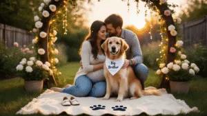 Pregnancy Announcement with Your Dog: Adorable Ideas to Share Your Big News A young couple hugs their Golden Retriever in a dreamy garden at sunset, with a "Big Brother" bandana on the dog, surrounded by roses and fairy lights, and displaying baby shoes next to the dog's paw print.