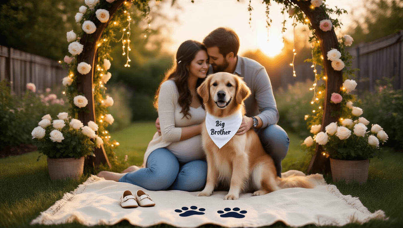 A young couple hugs their Golden Retriever in a dreamy garden at sunset, with a "Big Brother" bandana on the dog, surrounded by roses and fairy lights, and displaying baby shoes next to the dog's paw print.