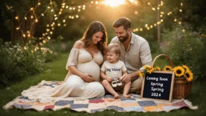 Capturing Joy: The Ultimate Guide to Second Pregnancy Announcements A family portrait during golden hour featuring a mother cradling her baby bump in a cream dress, a father in a linen shirt, and a toddler in a "Big Sibling" t-shirt holding baby shoes, set on a vintage quilt in a sun-dappled garden with fairy lights, a picnic basket, and a sign reading "Coming Soon - Spring 2024."