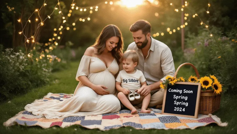 A family portrait during golden hour featuring a mother cradling her baby bump in a cream dress, a father in a linen shirt, and a toddler in a "Big Sibling" t-shirt holding baby shoes, set on a vintage quilt in a sun-dappled garden with fairy lights, a picnic basket, and a sign reading "Coming Soon - Spring 2024."