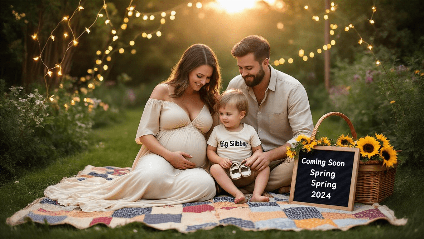 A family portrait during golden hour featuring a mother cradling her baby bump in a cream dress, a father in a linen shirt, and a toddler in a "Big Sibling" t-shirt holding baby shoes, set on a vintage quilt in a sun-dappled garden with fairy lights, a picnic basket, and a sign reading "Coming Soon - Spring 2024."