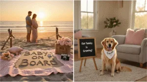A dreamy cinematic collage showcasing four heartfelt pregnancy announcement scenes, including a golden hour beach silhouette, a cozy living room with a dog, a rustic barn Thanksgiving table, and a twilight rooftop gathering, all styled with warm lighting and sentimental details.