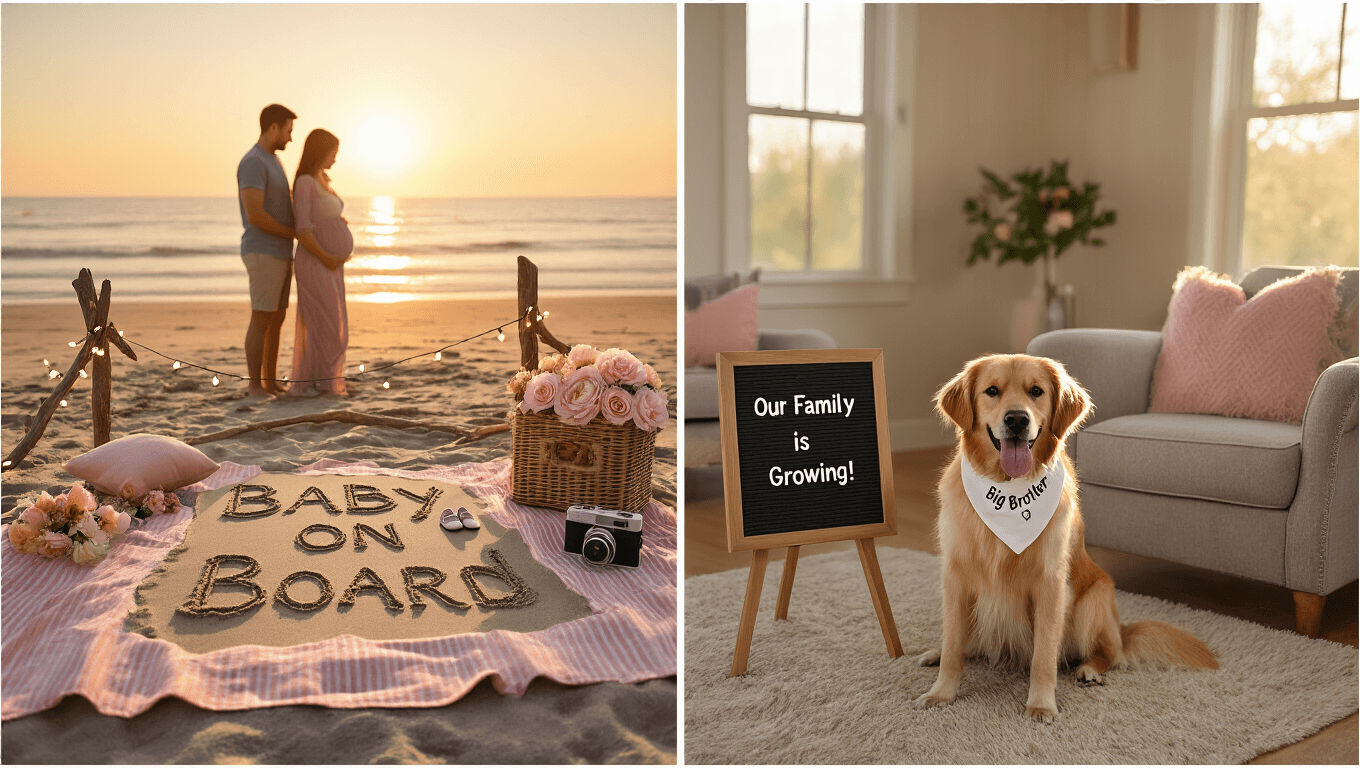 A dreamy cinematic collage showcasing four heartfelt pregnancy announcement scenes, including a golden hour beach silhouette, a cozy living room with a dog, a rustic barn Thanksgiving table, and a twilight rooftop gathering, all styled with warm lighting and sentimental details.