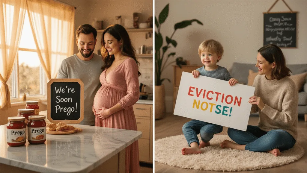 A vibrant lifestyle photography collection showcasing five unique pregnancy announcement scenes in warm, natural lighting, featuring couples and families in intimate settings with playful props and heartfelt messages.