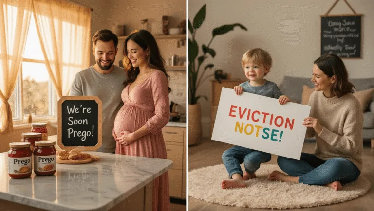 A vibrant lifestyle photography collection showcasing five unique pregnancy announcement scenes in warm, natural lighting, featuring couples and families in intimate settings with playful props and heartfelt messages.
