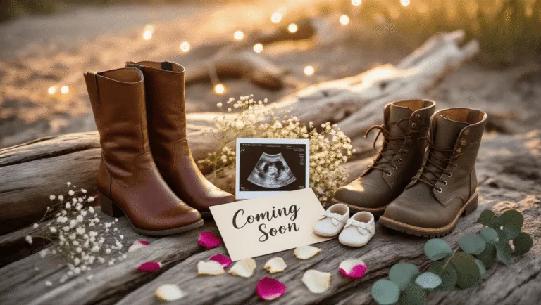 A cinematic golden-hour photo of three pairs of shoes—elegant women's leather boots, rugged men's boots, and tiny white baby shoes—arranged on weathered driftwood with long shadows. A vintage Polaroid ultrasound photo, a "Coming Soon" card in calligraphy, and scattered rose petals accompany the scene, enhanced by delicate sprigs of baby's breath and eucalyptus in warm cream, dusty rose, and sage green tones.