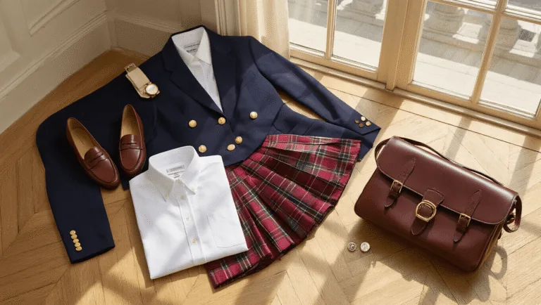Flat lay of preppy fashion essentials including a white button-down shirt, navy blazer, burgundy plaid skirt, and penny loafers on a herringbone floor, illuminated by sunlight, with accessories like a leather satchel and pearl earrings.