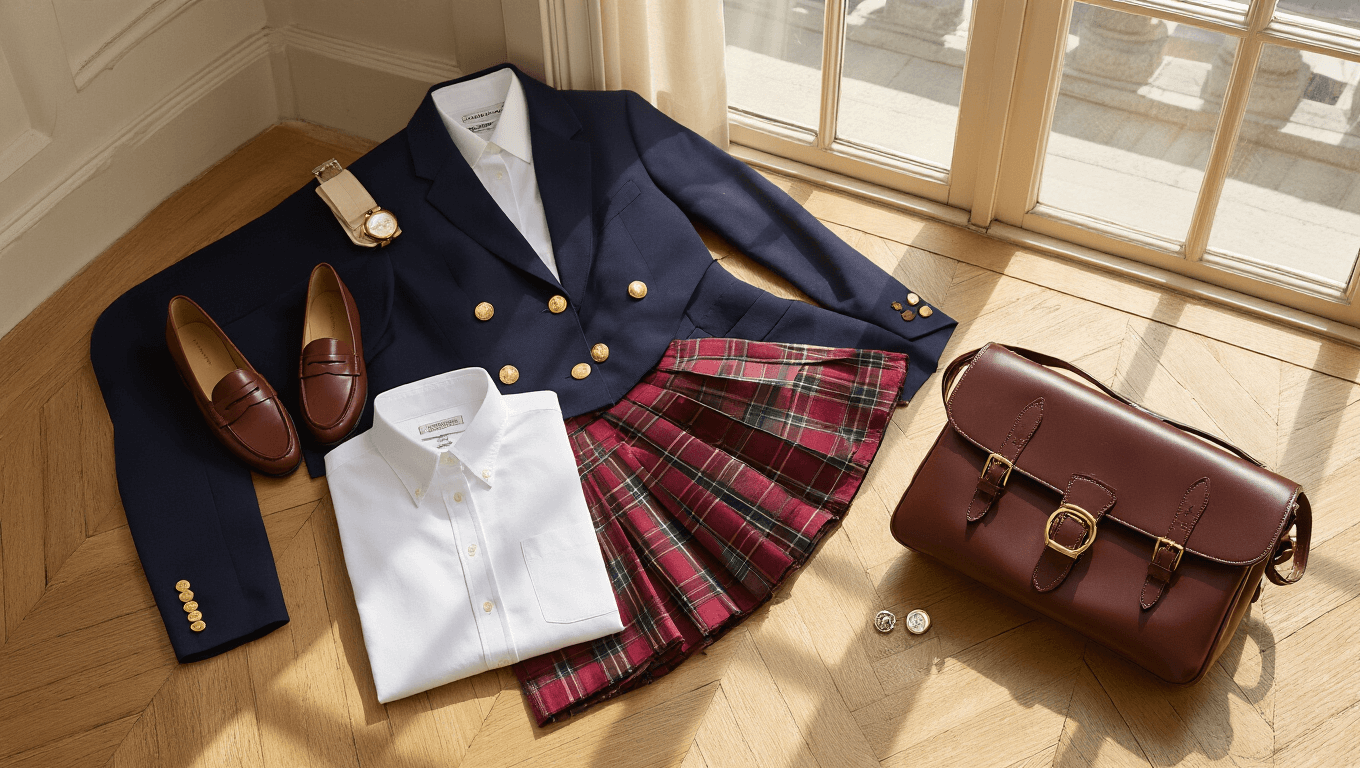 Flat lay of preppy fashion essentials including a white button-down shirt, navy blazer, burgundy plaid skirt, and penny loafers on a herringbone floor, illuminated by sunlight, with accessories like a leather satchel and pearl earrings.