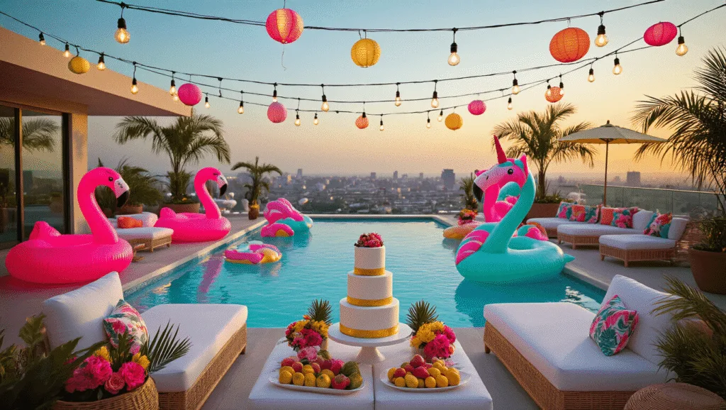 A vibrant rooftop pool party at sunset featuring an infinity pool with neon flamingo and unicorn floats, elegant lounge furniture, and a beautifully arranged dessert table, all surrounded by palm trees and city skyline.